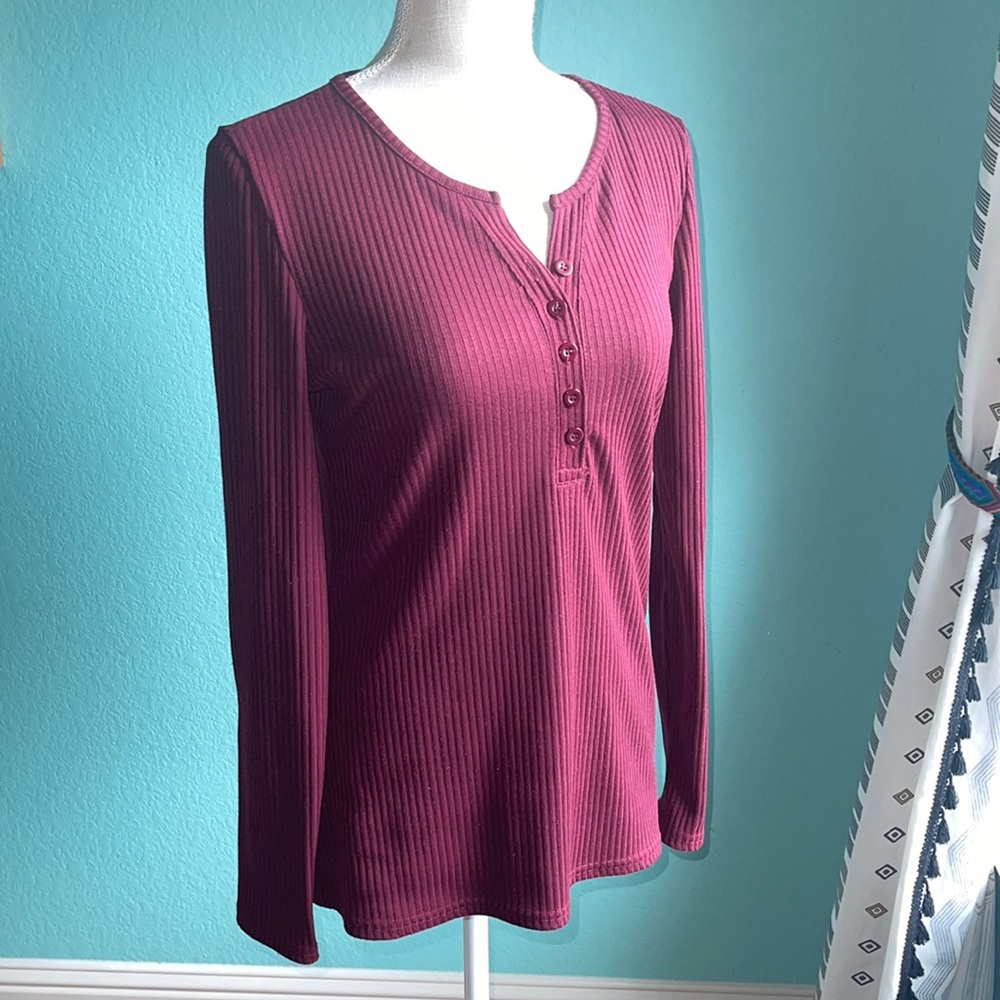 Wine Red Henley Long Sleeve Shirt Top with Button Front Size Medium